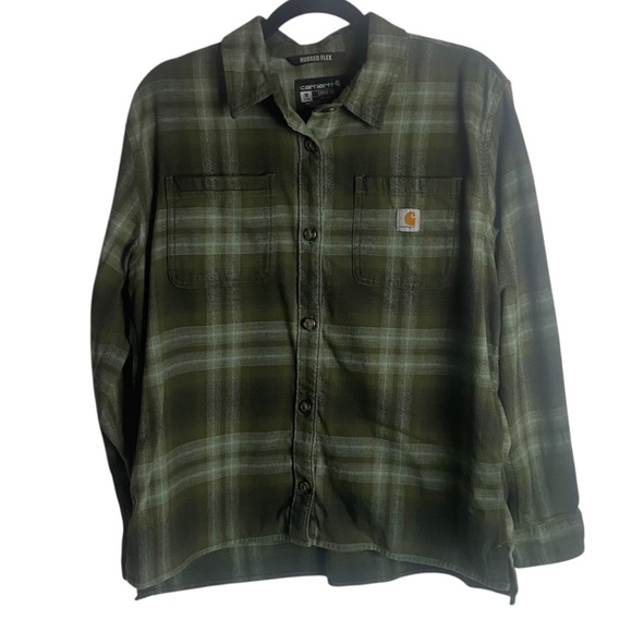 Carhartt Women’s Size M Rugged Flex Lose Fit Flannel Shirt Shaket Green Plaid - Picture 1 of 7